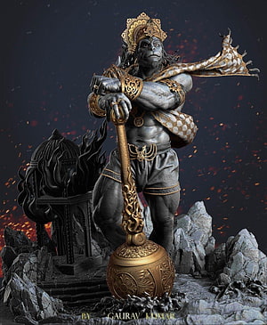 Hanuman 3D Digital Sculpture Holding Mace with Ornate Crown and Fiery Temple Background, Hanuman Hindu God, hanuman ji 3d HD phone wallpaper