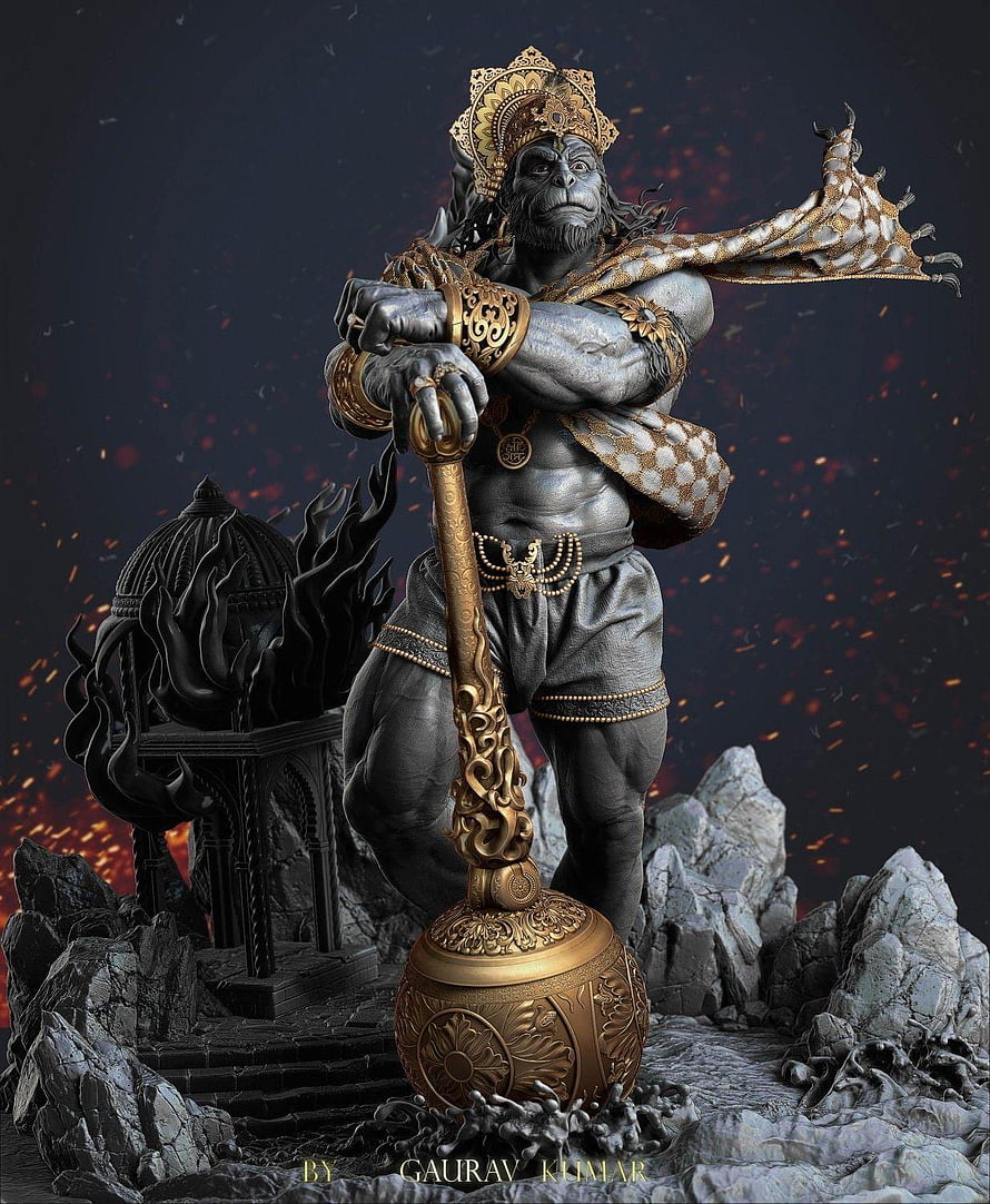 Hanuman 3D Digital Sculpture Holding Mace with Ornate Crown and Fiery Temple Background, Hanuman Hindu God, hanuman ji 3d HD phone wallpaper