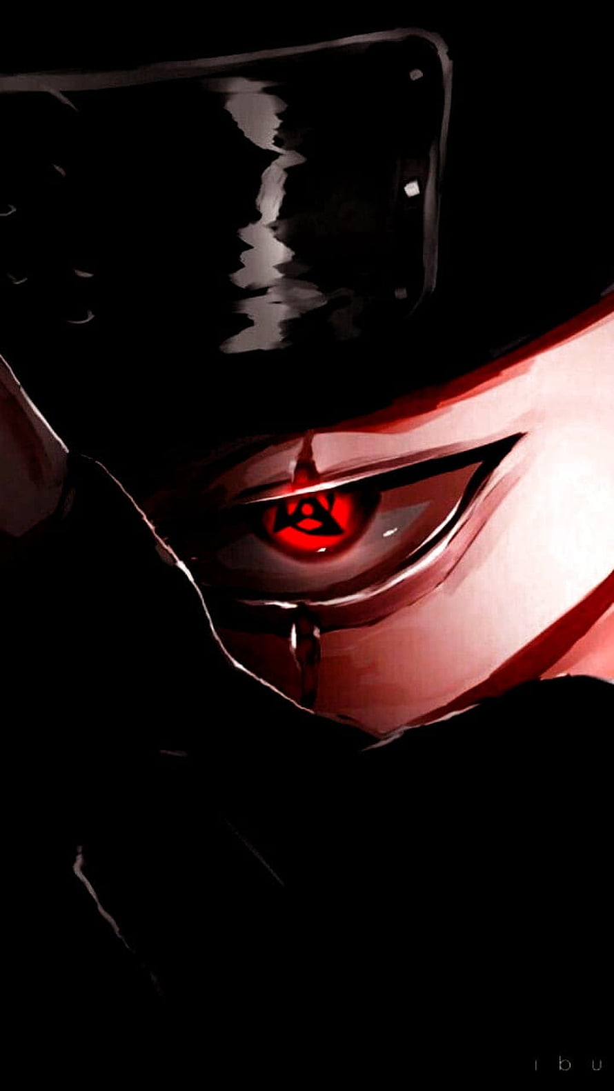 Dark Anime Character with Glowing Red Sharingan Eye and Black Hat HD phone wallpaper