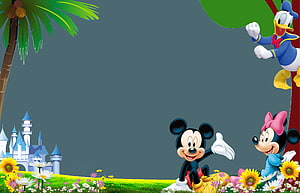 Mickey Mouse and Friends in a Colorful Garden with a Castle and Palm Tree HD wallpaper