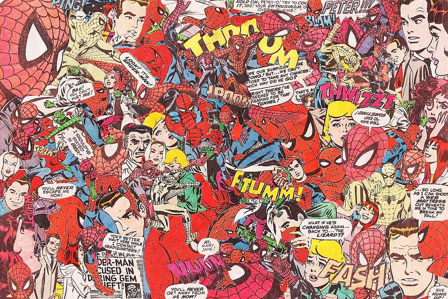 Spider-Man Vintage Comic Book Collage Artwork with Classic Action Scenes HD wallpaper
