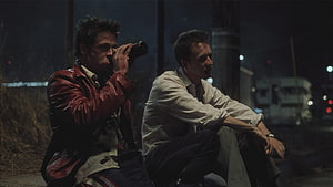 Brad Pitt in Fight Club Night Scene with Red Leather Jacket and Binoculars HD wallpaper
