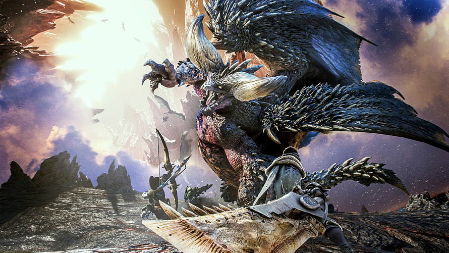 Monster Hunter Nergigante Dragon Battle Scene with Hunter and Massive Wings HD wallpaper