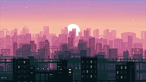 Pastel Pink City Skyline at Sunset with Retro Pixel Art Style HD wallpaper