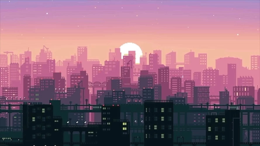 Pastel Pink City Skyline at Sunset with Retro Pixel Art Style HD wallpaper