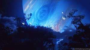 Avatar Pandora Night Sky with Giant Planet and Moons Over Silhouetted Trees HD wallpaper