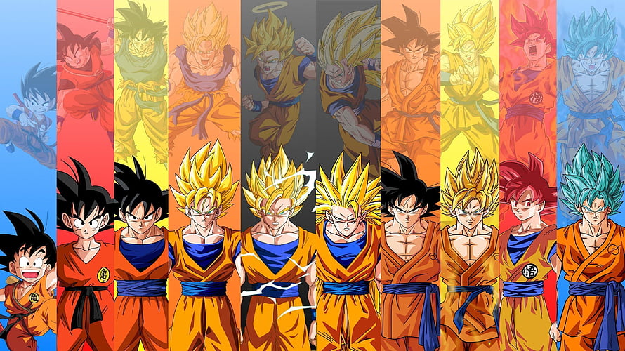 Dragon Ball Super Goku Evolution Timeline Featuring All Saiyan Transformations and Power Levels HD wallpaper