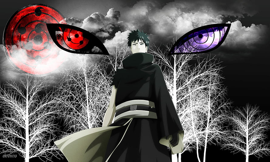 Obito Uchiha with Sharingan and Rinnegan in a Dark Forest HD wallpaper