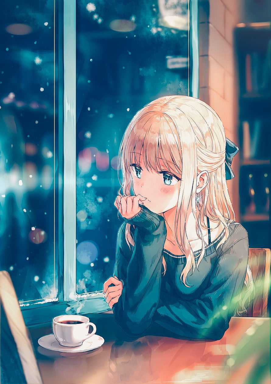 Blonde Anime Girl Gazing Out of Cafe Window on a Snowy Night HD phone wallpaper