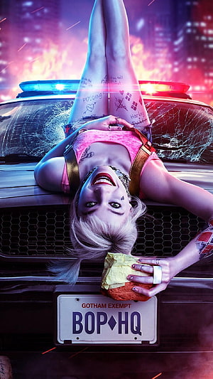 Harley Quinn leaning on a police car with a burger in Birds of Prey HD phone wallpaper