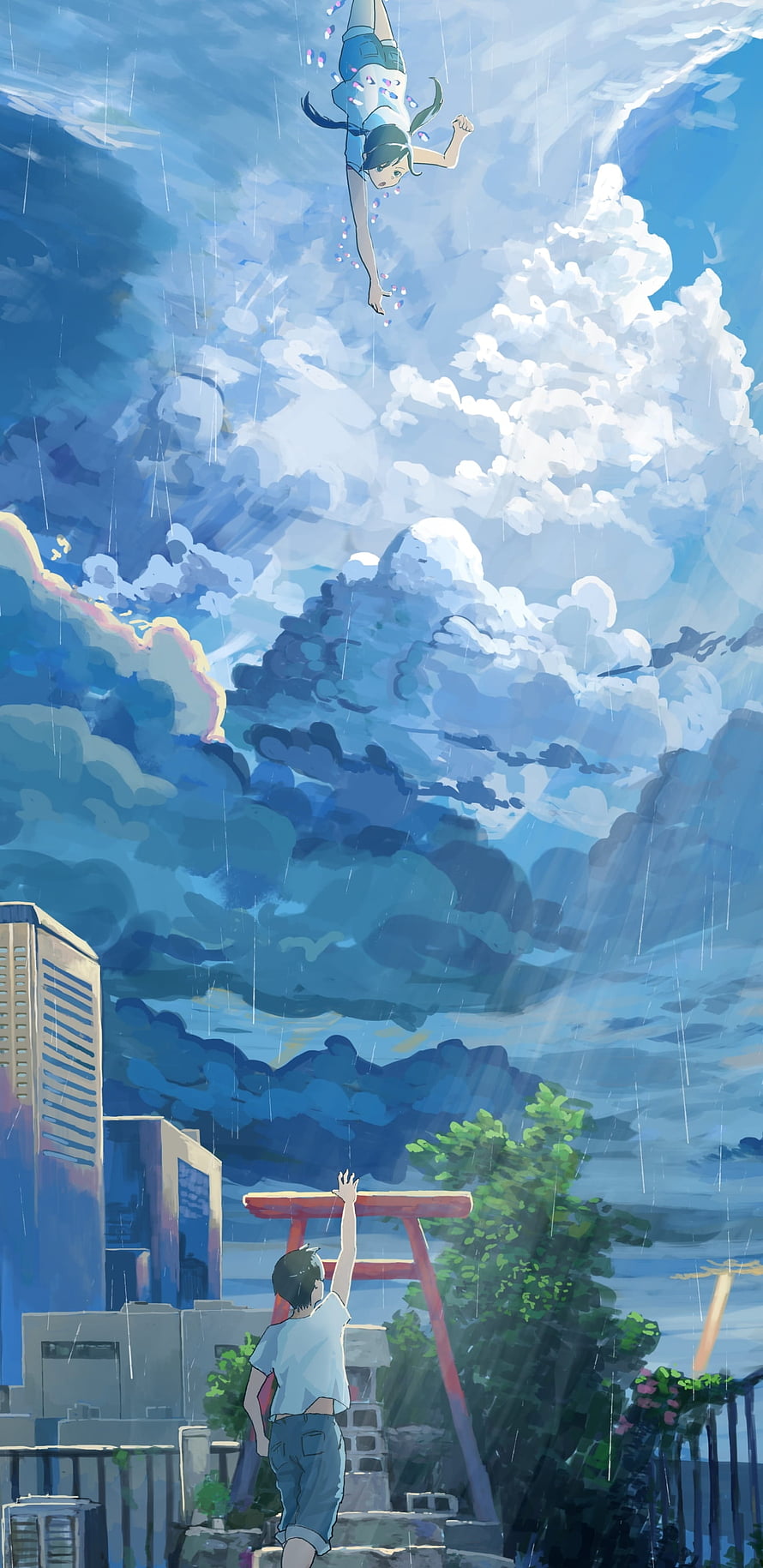Weathering With You Anime Scene: Boy Reaching for Falling Girl in Rainy Sky HD phone wallpaper