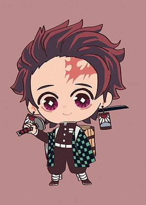 Chibi Tanjiro Kamado from Demon Slayer in Green Checkered Haori with Nichirin Sword HD phone wallpaper