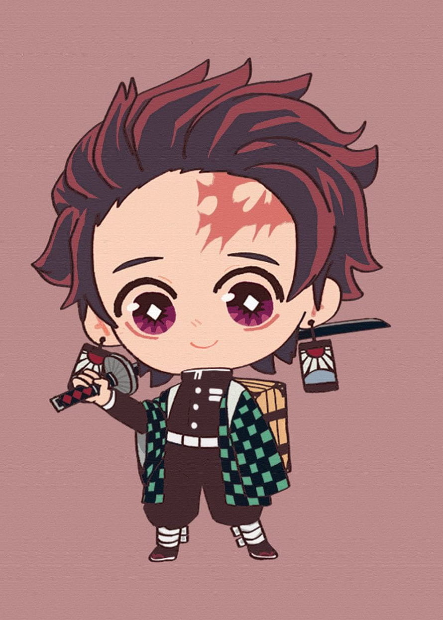 Chibi Tanjiro Kamado from Demon Slayer in Green Checkered Haori with Nichirin Sword HD phone wallpaper