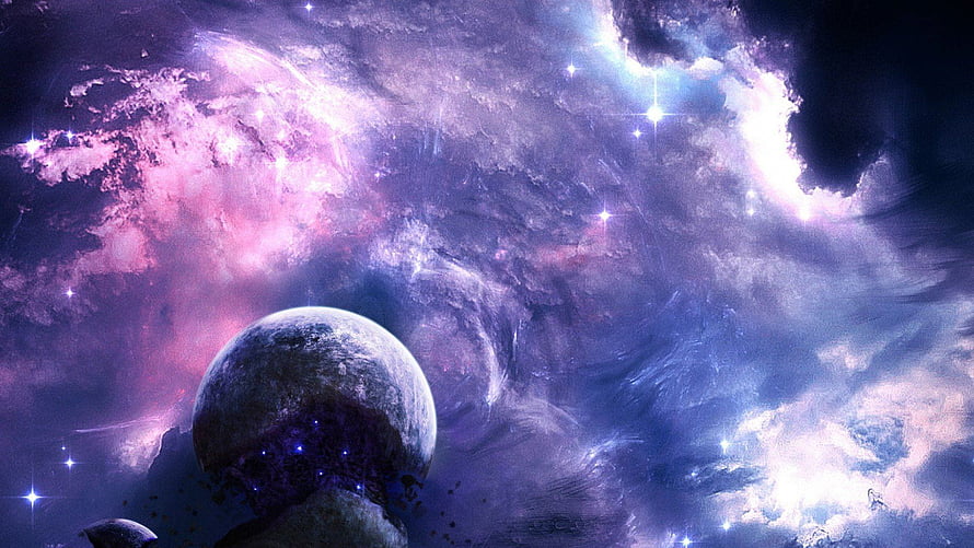 Vibrant Purple Nebula and Distant Planet in Deep Space HD wallpaper