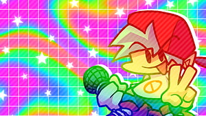 Friday Night Funkin Boyfriend Character with Microphone and Peace Sign on Rainbow Grid Background HD wallpaper