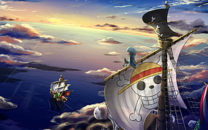 One Piece Thousand Sunny Sailing Through Clouds at Sunset with Luffy and Nami HD wallpaper