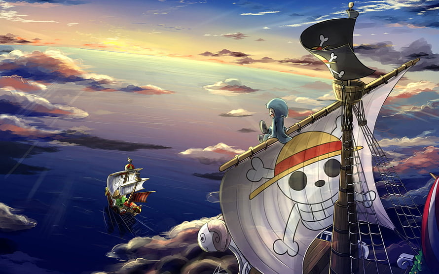 One Piece Thousand Sunny Sailing Through Clouds at Sunset with Luffy and Nami HD wallpaper
