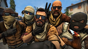 Counter-Strike Global Offensive Five Armed Characters Taking a Group Selfie in a Middle Eastern Town HD wallpaper
