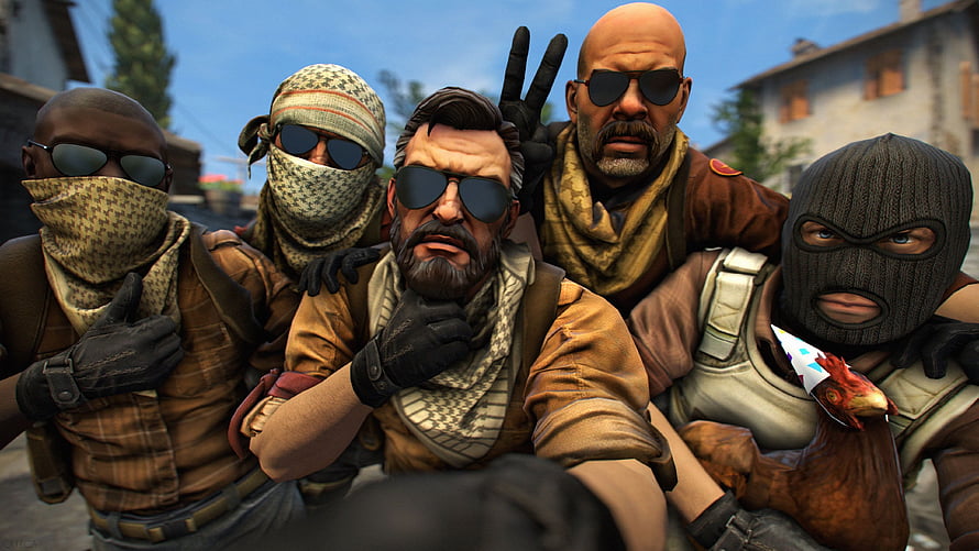 Counter-Strike Global Offensive Five Armed Characters Taking a Group Selfie in a Middle Eastern Town HD wallpaper