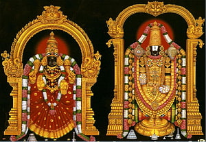 Tirupati Balaji Temple Deity in Ornate Gold Arch and Floral Garlands HD wallpaper