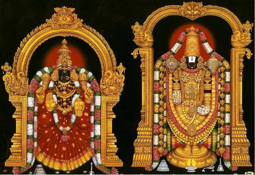 Tirupati Balaji Temple Deity in Ornate Gold Arch and Floral Garlands HD wallpaper