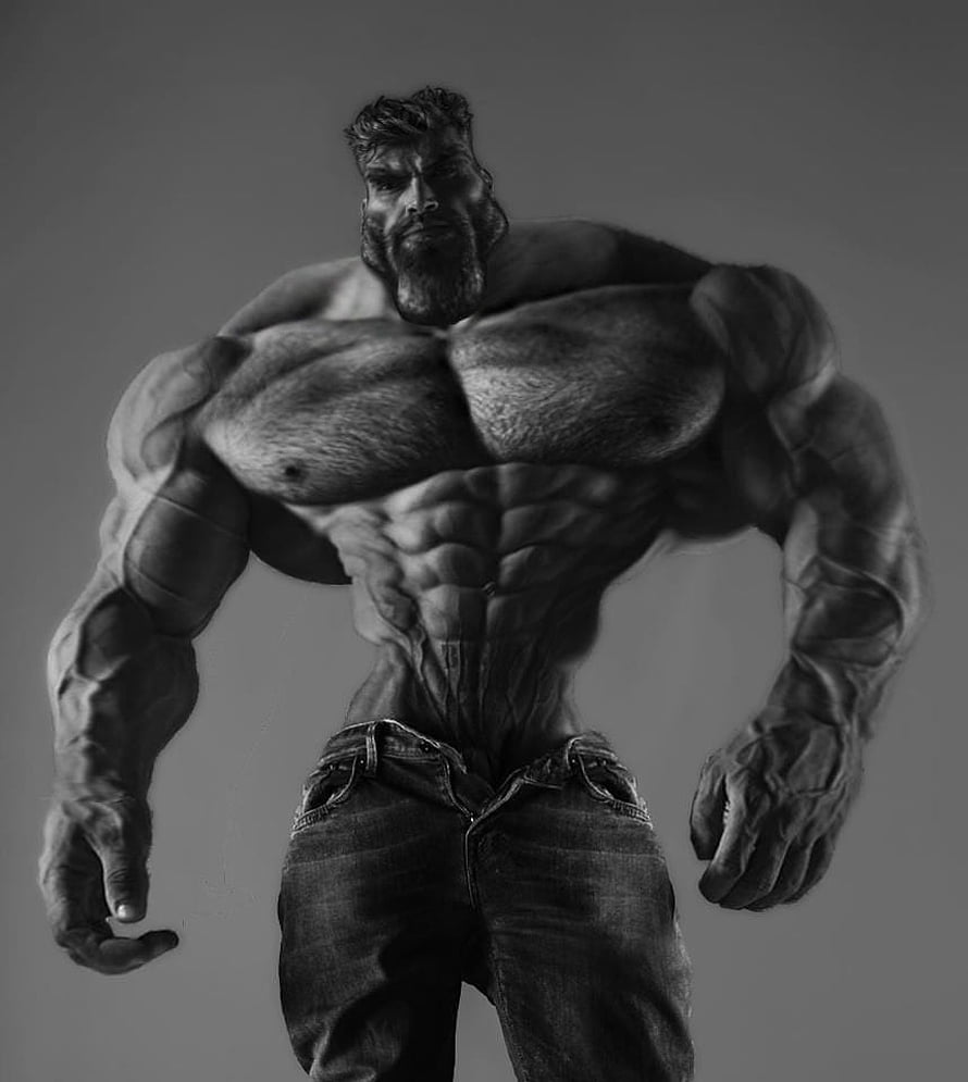 GigaChad Hyper-Muscular Bearded Man Black and White Digital Illustration HD phone wallpaper