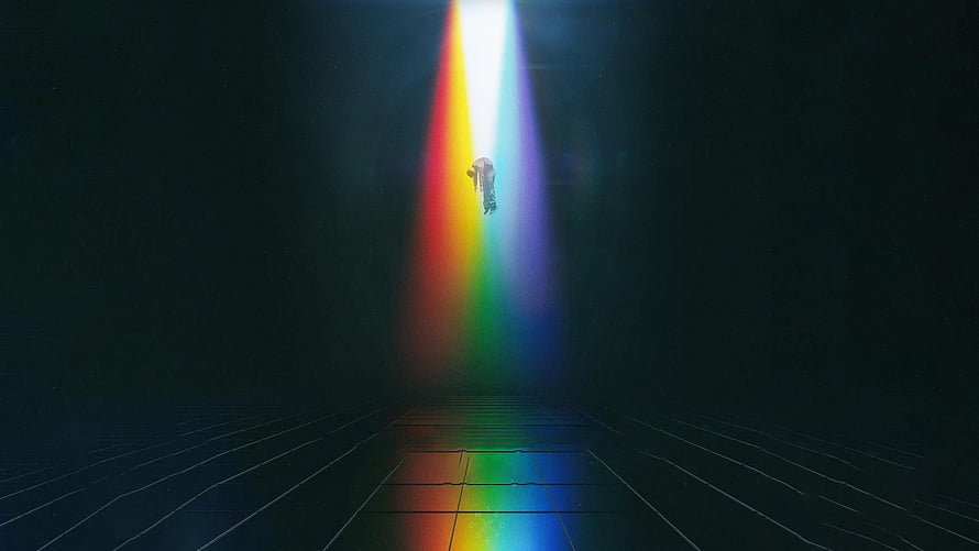 Imagine Dragons Evolve Music Video Scene with Rainbow Light Beam and Grid Floor HD wallpaper