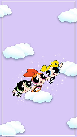 Powerpuff Girls Flying Through Pastel Sky With Fluffy Clouds and Sparkles HD phone wallpaper