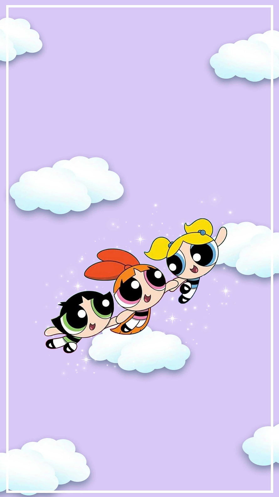 Powerpuff Girls Flying Through Pastel Sky With Fluffy Clouds and Sparkles HD phone wallpaper