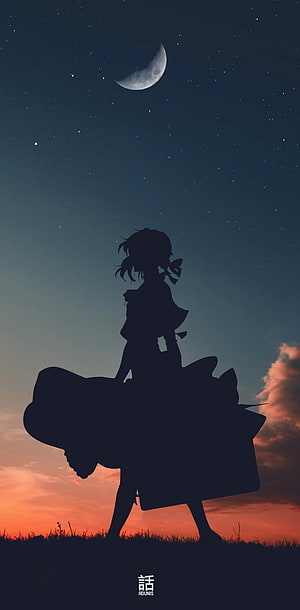 Violet Evergarden Silhouette Under Crescent Moon and Starry Night Sky HD phone wallpaper