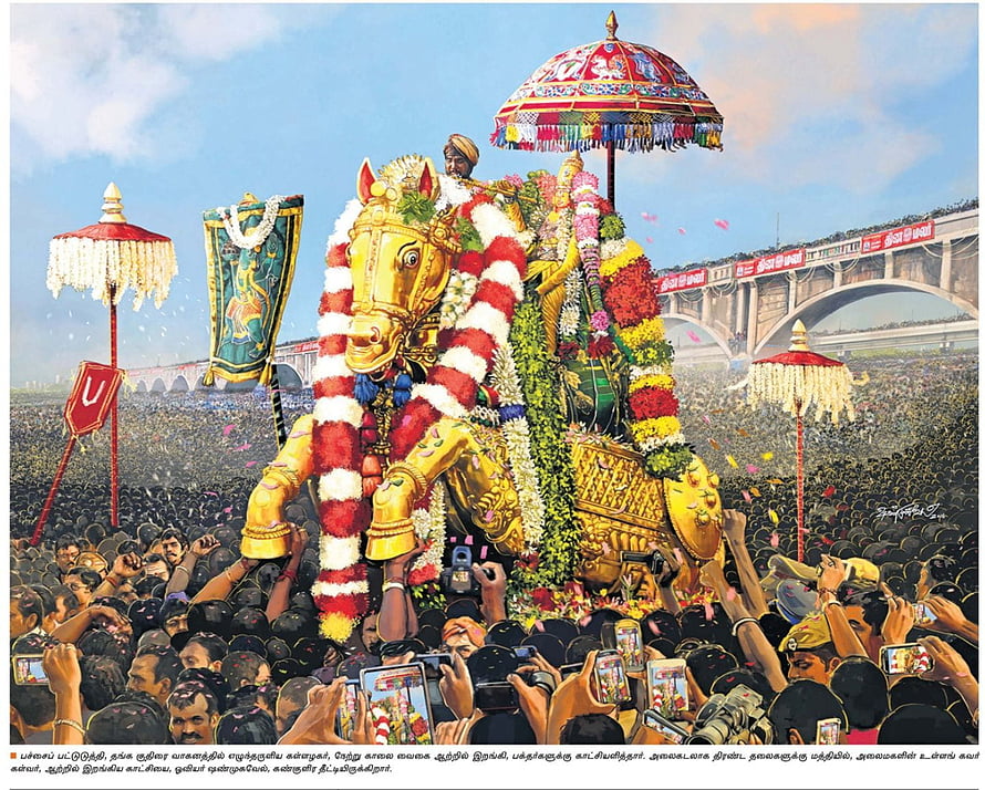 Madurai Alagar Kallalagar Festival Procession with Golden Horse and Devotees HD wallpaper