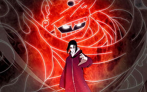 Uchiha Itachi and the Red Susanoo Spirit in Naruto Anime Artwork HD wallpaper