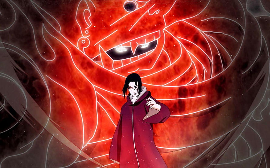 Uchiha Itachi and the Red Susanoo Spirit in Naruto Anime Artwork HD wallpaper