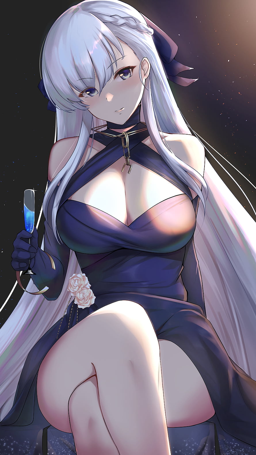 Belfast from Azur Lane in an elegant dark gown holding a champagne glass with a starry night backdrop HD phone wallpaper