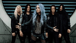 Arch Enemy Band Members in Black Leather and Industrial Concrete Setting HD wallpaper
