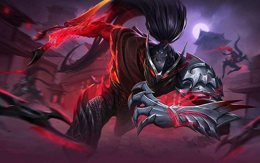 Hayabusa Mobile Legends Warrior in Dark Armor with Red Energy Blades HD wallpaper