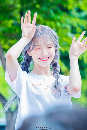 Jiheon Waving With Silver Braids and Purple Nails in a White T-Shirt HD phone wallpaper