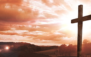 Wooden Cross Silhouette Against Golden Easter Sunrise Over Rolling Hills HD wallpaper