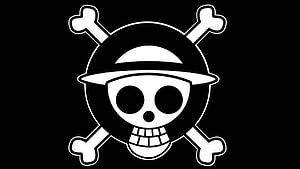 One Piece Jolly Roger Skull and Crossbones Logo in Black and White HD wallpaper