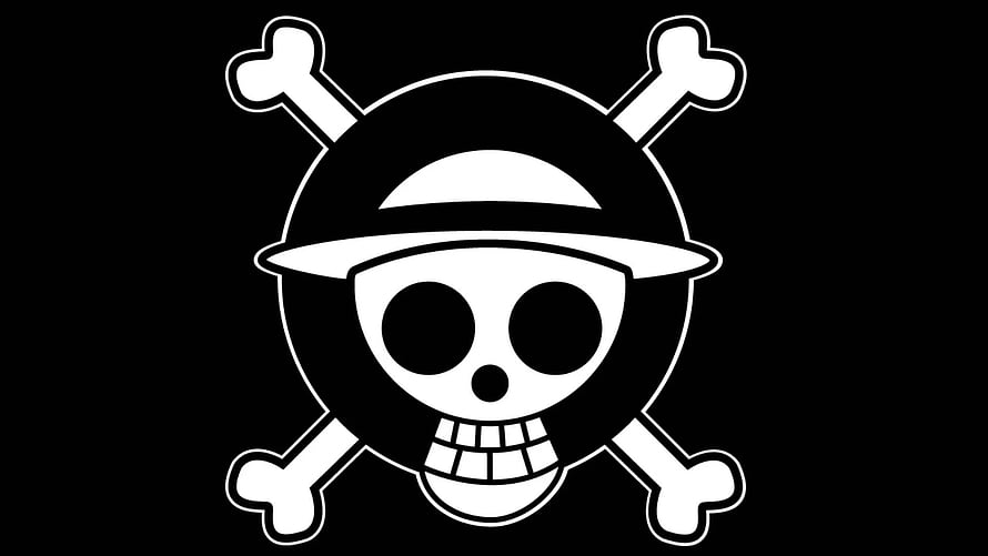 One Piece Jolly Roger Skull and Crossbones Logo in Black and White HD wallpaper