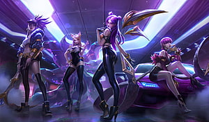 K/DA League of Legends Pop Star Group Artwork with Neon Purple Lighting and Sports Car HD wallpaper