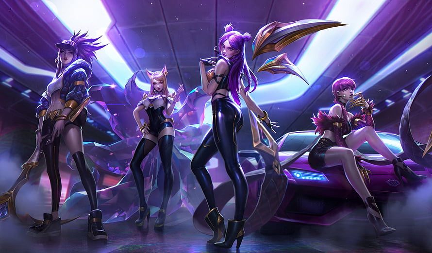 K/DA League of Legends Pop Star Group Artwork with Neon Purple Lighting and Sports Car HD wallpaper