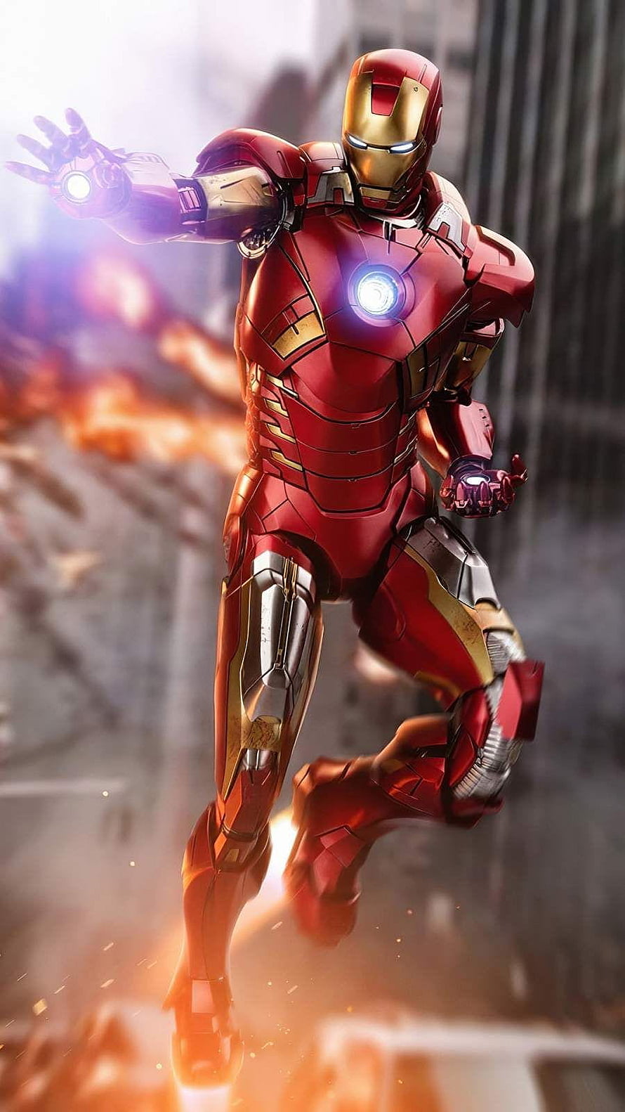Iron Man Flying Through a City with Repulsor Blast and Glowing Arc Reactor, Iron Man Fly, iron man mobile HD phone wallpaper