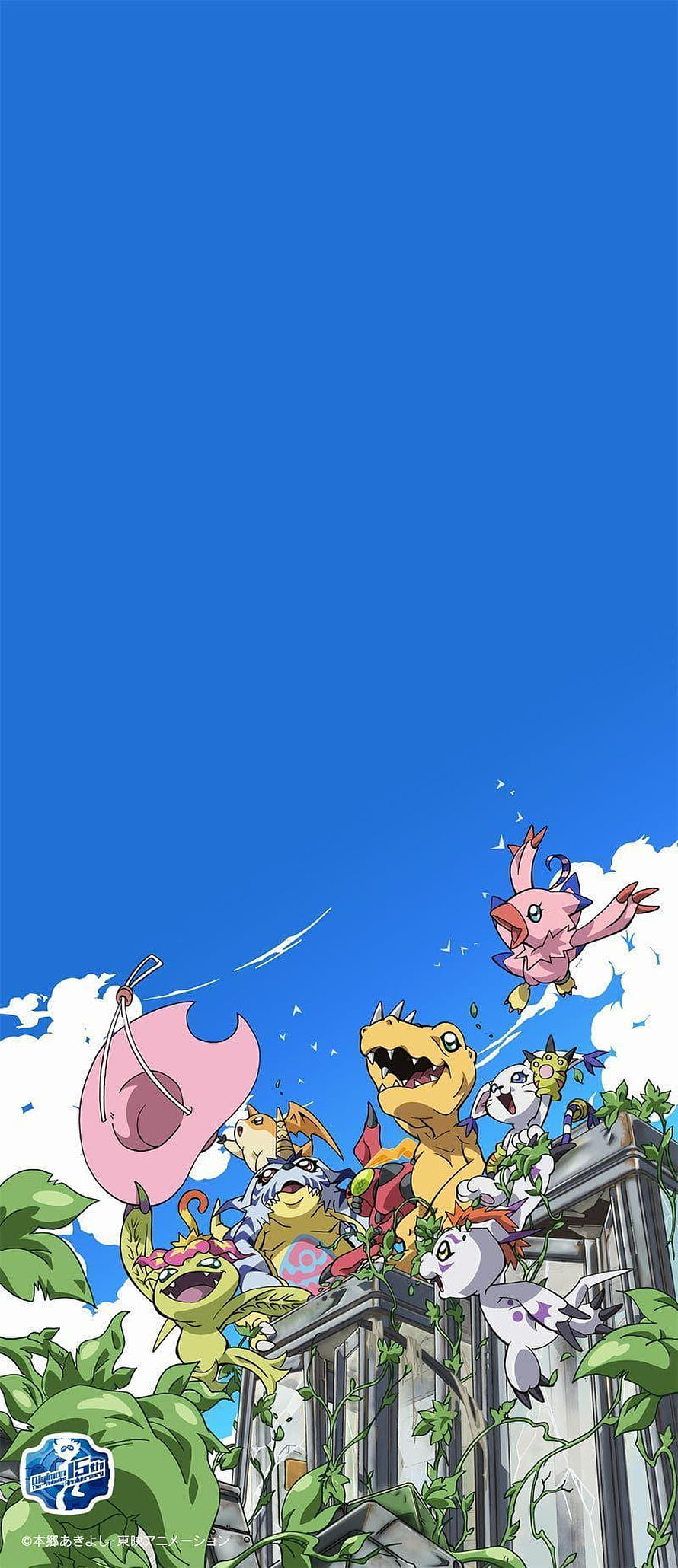 Digimon Adventure Tri Group of Digimon on Overgrown Ruins Under Blue Sky HD phone wallpaper