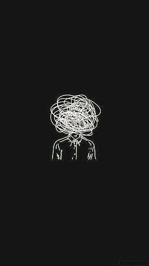 Minimalist Line Art Figure with Chaotic Scribble Head on Black Background HD phone wallpaper