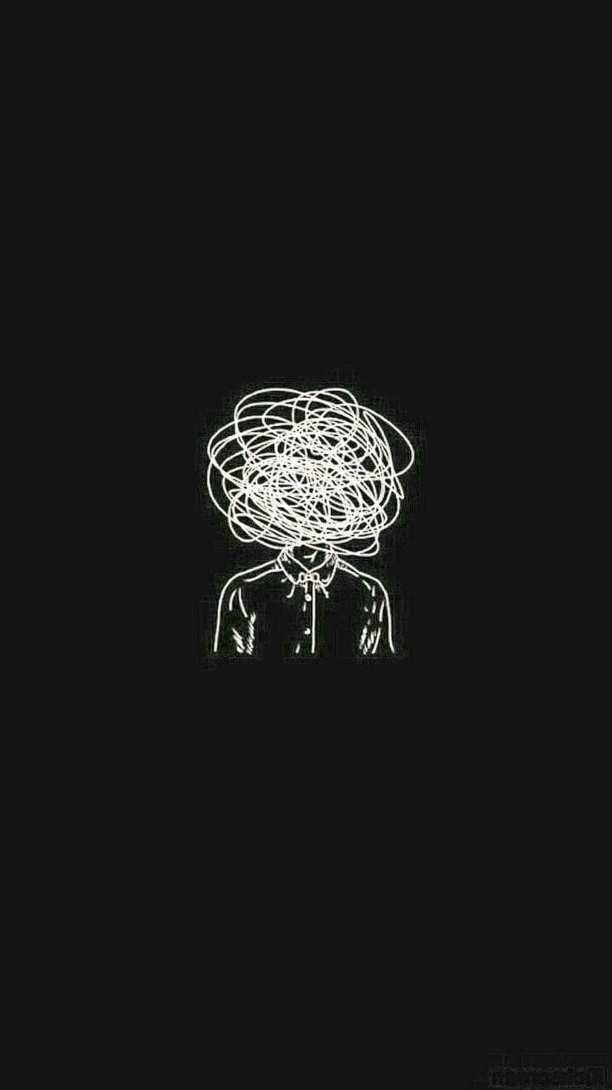 Minimalist Line Art Figure with Chaotic Scribble Head on Black Background HD phone wallpaper
