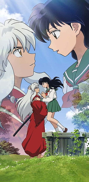 Inuyasha and Kagome anime scene with close-up portraits and full-body embrace in a grassy field HD phone wallpaper