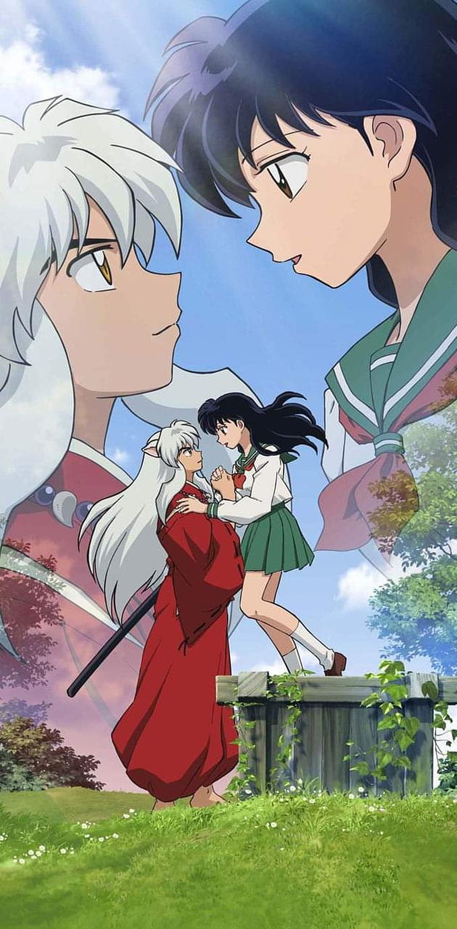 Inuyasha and Kagome anime scene with close-up portraits and full-body embrace in a grassy field HD phone wallpaper