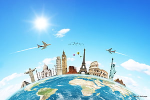 World Travel Concept With Global Landmarks, Airplanes, and Hot Air Balloons Over Earth HD wallpaper
