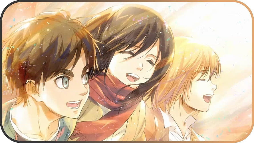 Attack on Titan Anime Illustration Featuring Eren, Mikasa, and Armin in Warm Tones HD wallpaper